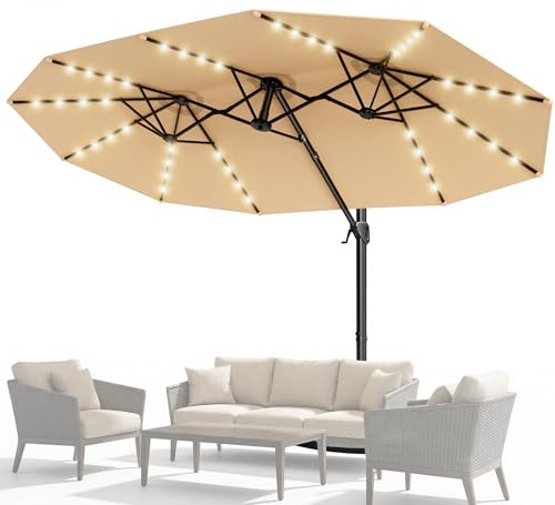 HOMVIMI 4,5m XL Ampelschirm mit Solarbeleuchtung und Plattenständer, Rechteckiger Doppeldach Sonnenschirm, Schwenkbarer Gartenschirm groß für Pool, Terrasse, Garten (Beige)
