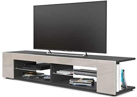 Vladon Lowboard Movie, TV-Kommode mit 4 offenen Fächern und Zierleisten, Schwarz matt/Sandgrau Hochglanz (134 x 29 x 39 cm)