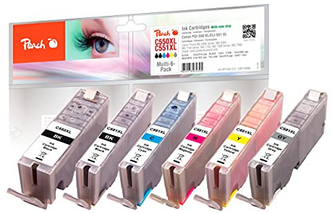 Peach C550/551/555 Spar Pack mit XL (BK, PBK, C, M, Y, grau) ersetzt Canon PGI-550XL, CLI-551XL für z.B. Canon Pixma MG 7550, Canon Pixma MG 7150, Canon Pixma MG 6350, Canon Pixma IP 8750
