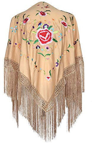 La Senorita Spanischer Manton Tuch Schal beige bestickt. Flamenco-Tücher für das Fair-, Sevillana- oder Flamenco-Kleid. [160 x 80 cm] Ideale Größe für alle Altersgruppen [Mädchen & Frauen]
