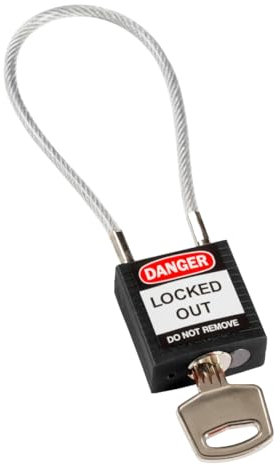 Brady Lucchetto con Cavo Compatto Confezione da 1 - Lucchetto di Sicurezza Lockout Tagout - Chiavi Diverse - 32mm x 35mm x 16mm - Lunghezza del Cavo 200mm, Nero