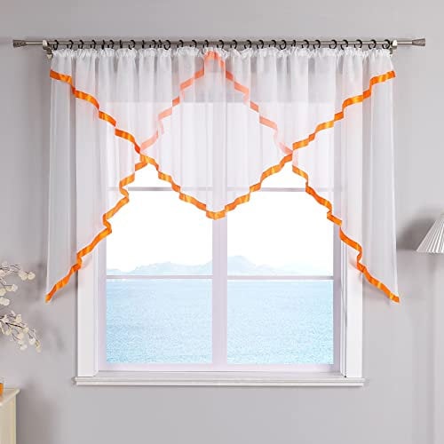 ESLIR Scheibengardine mit Kräuselband Gardinen Küche Bistrogardinen Transparent Stores Vorhänge Mit Satinband Voile Orange HxB 145x450cm 1 Stück