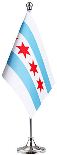 GentleGirl. USA Chicago Staatsflagge Chicago IL Flagge, kleine Mini Chicago Staatsflagge Schreibtischflagge Stick Büro Tischflagge auf Ständer Basis, Festival Events Feier Dekoration,