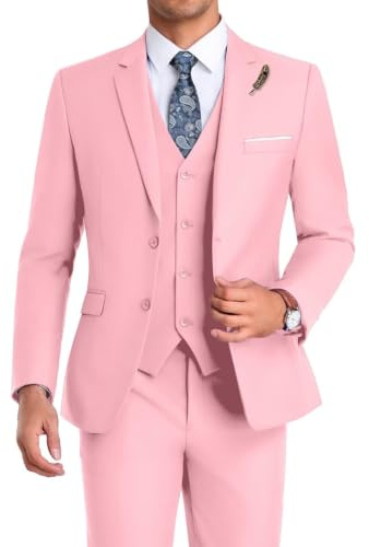 Abito da Uomo di Alta qualità, 3 Pezzi, Aderente, con Due Bottoni - Rosa - Petto 40/34 Vita