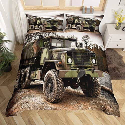 Militär LKW Bettbezug Camouflage Auto Bettwäsche Set für Kinder Teen Jungen Junge Mann Armee Troop Transport Schmusetuch Bezug 3D Druck Fahrzeug Grün Bett Dekor mit 1 Kissenbezug Twin Size
