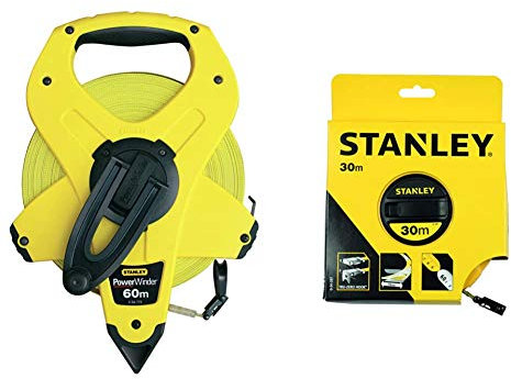 Stanley 2-34-775 Mesure 60 M X 12,7 Mm Ruban En Fibre De Verre Powerwinder & 0-34-297 Mètre À Ruban Fibre De Verre 30 M Jaune Fluo - Revêtement Pvc - Anti-Corrosion - Anti-UV Et Non Conducteur