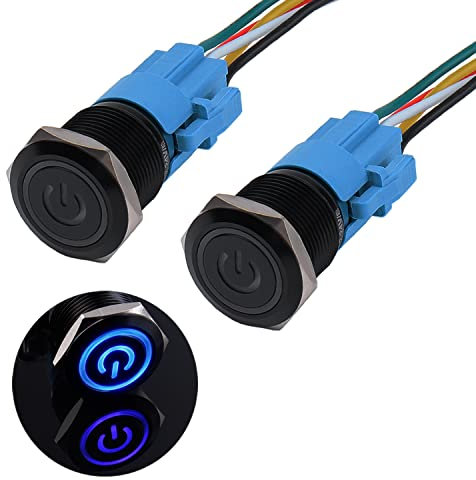 JIQI 2 × 19mm Interruptor de botón con enganche 12V a 24V 3A 1NO 1NC IP66 Pulsador metal negro precableado hidrófugo con símbolo de encendido LED para automoción DIY Motocicleta (Azul)