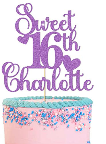 GuteGifts Personalised Sweet 16 Cake Toppers Lovely 16 Birthday Party Decorations | Custom with Any Name Any Age | Multicolour Glitter 13th 16th 18th 21st 30th (Lilac)