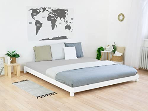 Benlemi Stilvolles Doppelbett im japanischen Stil Tatami 180x200 cm Weiß Massivholzbett mit Lattenrost/100% Natürliche Lacke