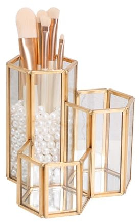 HARLIANGXY Support pour Pinceaux de Maquillage en Verre, Organiseur de Maquillage Doré, Boite Rangement Pinceau Maquillage, Organisateur pinceaux maquillage Pour Commode, Coiffeuse, Bureau