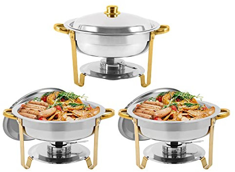 Restlrious Chafing Dish Buffet Set Runde Edelstahl 5QT Chafers und Buffetwärmer Sets für Catering, Komplettset mit Wasserpfanne, Lebensmittelpfanne, Kraftstoffhalter und Deckel in goldenen Akzenten,