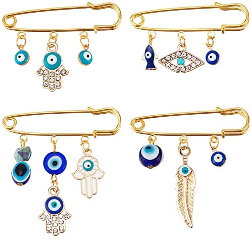 WEBEEDY 4 Stück Nazar Boncuk Evil Eye Sicherheitsnadeln Glücksbringer mit Türkischem Auge Brosche Türkische Blau Böser Blick Amulett Sicherheits Schmuck Brosche für Frauen Männer