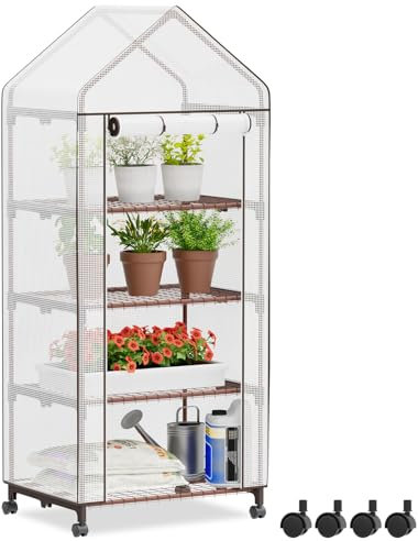 Amopatio Mini 4-Tier Gewächshaus mit Rädern, 171 x 70 x 50cm, Gewächshaus Klein mit 4 Regalen/Rolltür/Reißverschluss/Verstärkte PE-Abdeckung für kleine Gärten, Balkone, Terrassen, Hinterhöfe
