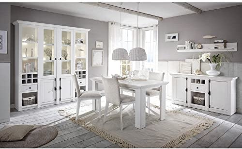 Lomadox Esszimmer-Kombination im Landhaus-Stil Pinie weiß Nb. mit großem Buffet inkl. LED (ohne Stühle)