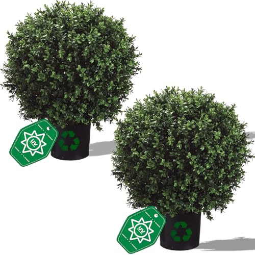 QAOUIEP Künstlicher Buchsbaumkugel-Formschnittbaum, 61 cm, 2 Stück, vorgetopfte künstliche Sträucher, UV-beständig, künstliche Formschnittbäume für den Innen- und Außenbereich