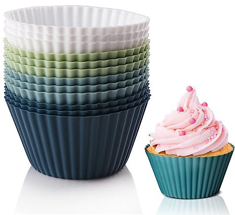 12Pcs Silicone Cupcake Cases Muffin Reusable Cake Moulds Non-Stick Baking Cups for Chocolate Jelly Bun Pan Pudding Bakeware Brownies 4 Colours (Green)