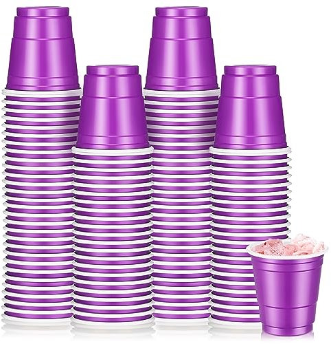 Roshtia 100 Pack 2 oz Halloween Plastic Shot Cups, Mini Disposable Shot Glasses 2 oz Party Cups for Wedding Halloween Thanksgiving Party, Beer Taste Serving, Snacks(Purple)