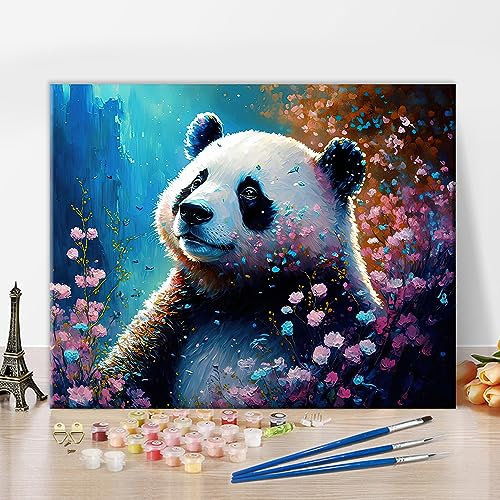 TISHIRON Animaux DIY Peinture par Numéros Adultes - Panda et Fleurs avec Pinceaux, Peinture Acrylique, Artisanat pour Enfants 40x50cm (Framed)