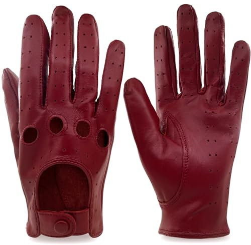 ZLUXURQ Damen Retro Weiche nd Dünne Lammfell Leder Touchscreen Fahrhandschuhe mit Maschige, Rot