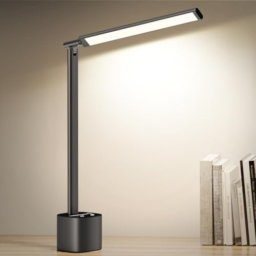 bravzurg Lampada da Tavolo Senza Fili Ricaricabile, 5000mAh Lampade in Alluminio a Batteria, Portatile e Dimmerabile, Pieghevole e Girevole, Lampada Scrivania per Ufficio, Studiare, Lettura (Grigio)