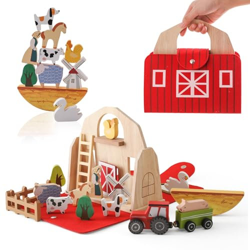 Youuys Holzspielzeug Baby Bauernhof Tiere Spielzeug Set Faltbar, Montessori Spielzeug, Bauernhof Pretend Playset mit Scheune & Farmer, Weihnachten Geburtstag Geschenk für Jungen Mädchen