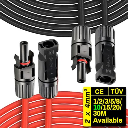 Prolunga Cavo Solare 2 x 10M da 1/2/3/5/8/10/15/20/30m 4mm²/12AWG 1500V Cavo Fotovoltaico Pannello Con connettore Impermeabile IP68, per impianto solare Pannelli solari fotovoltaico Montaggio
