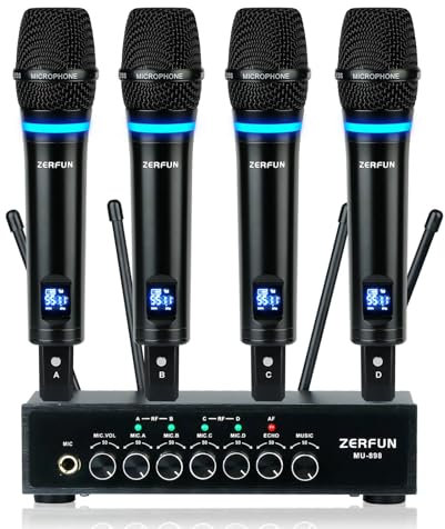 ZERFUN Pro Rechargeable Wireless Microphone System 4 Channel, UHF Metal Handheld Wireless Mics Cordless Microphones with Echo Bluetooth Volume Control for Karaoke Singing Church(MU-898)