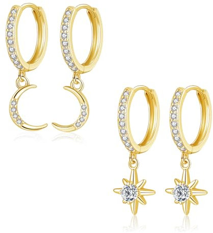Loutade Ohrringe Silber 925 Creolen mit Anhänger, 2 Paare 925 Sterling Silber Ohrringe mit Moon & Stern Anhänger Set, Klein Knorpel Schlafen Ohrringe Gold Hängend, Ohrringe Creolen Gold 925 Hängend
