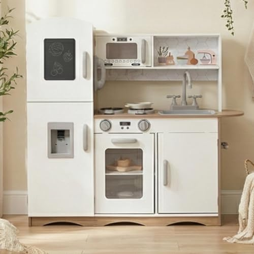 KIDOZ Large Wooden Play Kitchen for Kids, Pretend Role Play Toy, White | Kids Toy Kitchen with Sink, Oven, Microwave, Fridge, Ice Maker, Phone, Click Dials and Storage Shelves, Kitchen Only