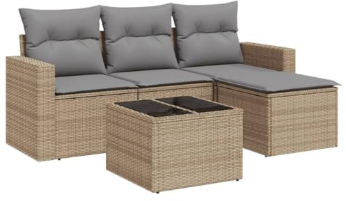 vidaXL Garten Sofa Garnitur 5-TLG., Gartenmöbel Set mit Kissen Stauraum, Sitzgruppe für Garten Terrasse, Modular Gartensofa Hocker Lounge, Tisch mit Glasplatte, Beige Poly Rattan