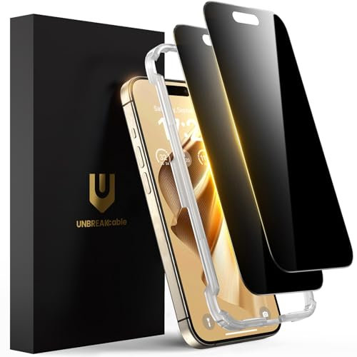 UNBREAKcable Privacy Screen Protector for iPhone 15 Pro Max, Full Coverage Shatterproof Tempered Glass [True 28°Anti Spy] [9H Hardness] [Installation Frame] Private Protector for iPhone 6.7-2 Pack
