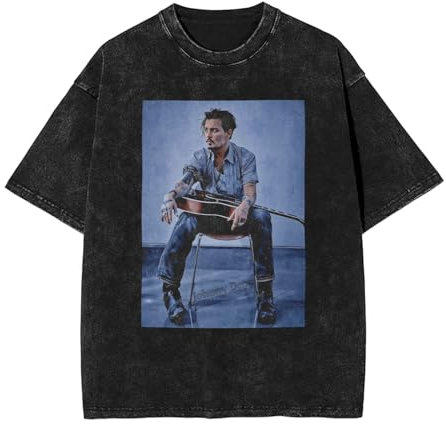Johnny Schauspieler Depp T-Shirt Washed Vintage Shirt Print Rundhals Tops Tee Kurzarm T-Shirt für Männer Frauen 5 Größen, Schwarz , S