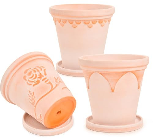 Sungmor Terra Cotta Lot de 3 pots de fleurs en argile gaufrée avec soucoupe et drainage, 20,3 cm de large et profond, jolie couleur, idéal pour orchidées, cactus et plantes succulentes