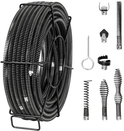 VEVOR Rohrreinigungsspirale 30 m x 16 mm, professionelles Rohrreinigungskabel mit 7 Schneidern für 20-100 mm Rohre, Hohlkern-Kanalisationsspirale für Spüle, Bodenablauf, Toilette