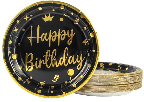 DHAIQC Lot de 50 Assiette Jetable Anniversaire 23cm, Noir Vaisselle Jetable Anniversaire Assiettes Dessert Assiette Carton pour Barbecue Camping Mariages Fête Anniversaire (Anniversaire Noir, 23CM)