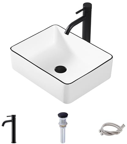 MAISINK Badezimmer-Waschbecken, 40,6 x 30,5 cm, rechteckig, mit Wasserhahn und Ablauf-Kombination, kleines Keramik-Waschbecken, weißer Körper mit schwarzem Rand