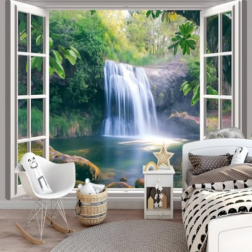 Genérico Papel pintado fotográfico - Ventana 3D Cascada del bosque - Fotomural 150 x 105 cm Papel pintado fotográfico Arte de la pared Decoración del hogar