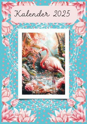 Kalender 2025: Handlicher Buchkalender A5, liebevolle gestaltet mit Flamingos und Pfaue. Viel Platz für Notizen, inklusive Malbilder