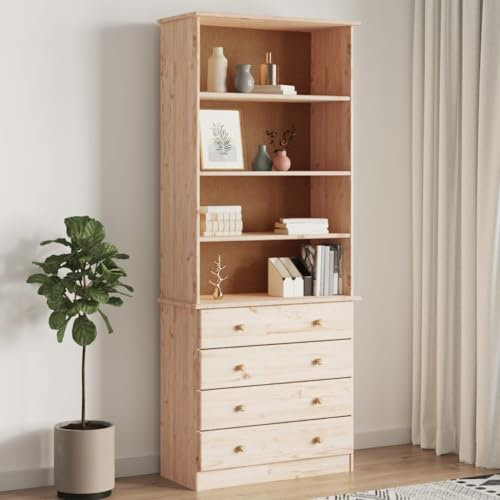 Lauuoeriau Regal, Bücherregale & Standregale, Bücherregal mit Schubladen, Alta 77 x 35 x 186,5 cm, Massivholz, Kiefer