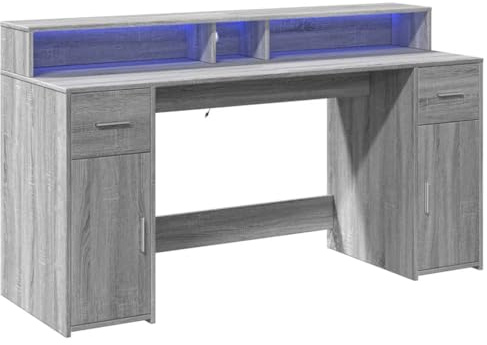 vidaXL Schreibtisch, Computertisch mit LED-Leuchten, Arbeitstisch mit Stauraum, Laptoptisch Gaming Tisch PC Tisch, Grau Sonoma Holzwerkstoff