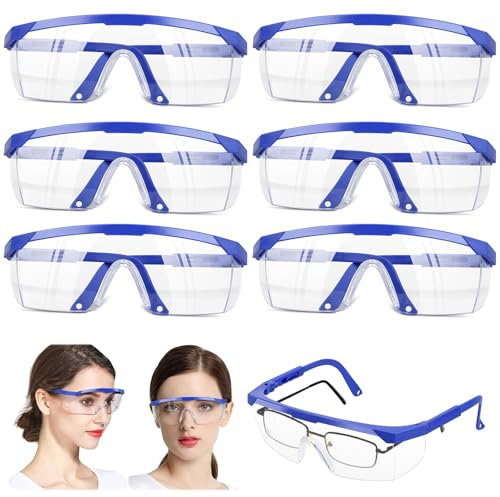 Kigniote Schutzbrille Arbeitsschutzbrille,6 Stück Sicherheitsbrille Transparent Schutzbrille für Brillenträger Labor Schutzbrille Chemie Schutzbrille für Kinder Herren Damen (Blauer Rand)