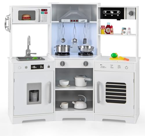 DREAMADE Cuisine d'angle pour Enfants 3+ Ans, Cuisine en Bois avec Sons & Lumières, Téléphone, Micro-Ondes, Cafetière, Machine à Glaçons & Four, Cuisine de Jeu en Bois avec Accessoires (Blanc)