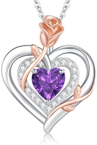 LAVUMO Halskette Damen Silber 925 Doppel Herz Rose Blume Kette Damen Geburtsstein Halsketten Muttertag Geburtstag Valentinstag Weihnachten Schmuck Geschenke Frauen Mama (02-Silber-Februar)
