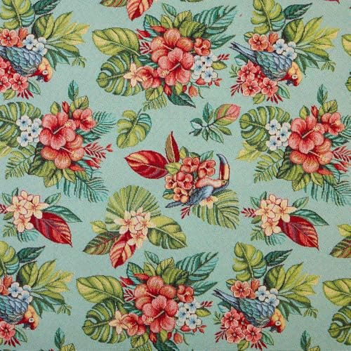 Kt KILOtela - Polsterstoff, Jacquard Gobelin, Stuhlbezug, Kissen, Kopfteil, Sofa, Taschen, verschleißfest, Nähen, 100 cm lang x 280 cm breit, Papageien, Türkis, 1 Meter