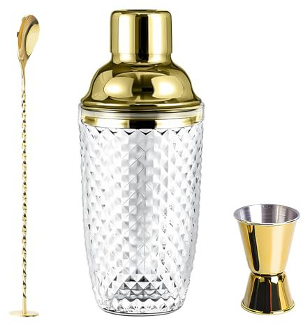 Shaker à cocktail en verre transparent doré 400 ml avec verre doseur et pelle en acier inoxydable pour la maison, le bar, le vin, les jus de fruits mélangés