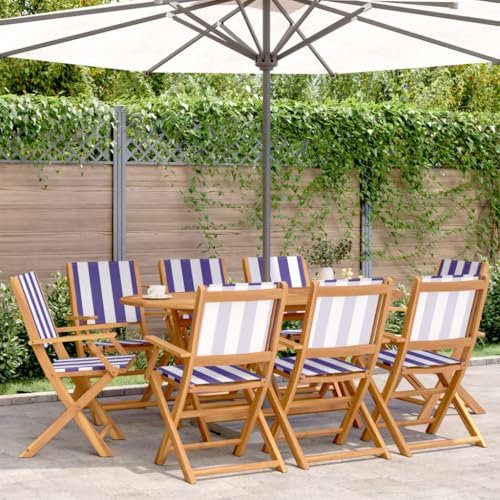 AJJHUUKI Gartenmöbel-Klappstühle 8 Stück blau und weiß Stoff und Massivholz-Möbel