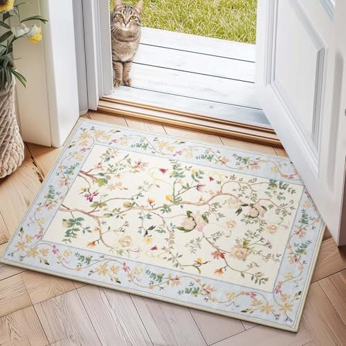 TOPICK Blume Fußmatte Waschbar Fussmatte Innen Kurzflor Retro Beige auf Blau Orientalischer Teppich 60x90cm Antibakterieller Faltbar rutschfest Türmatte für Haustür Küche Patio Flur Schlafzimmer