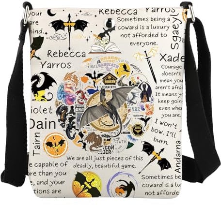 FEELMEM Fourth Wing Crossbody Bag Book Lover Gift Bookish Booktok Merch Tairn Adarna Xaden Violet Iron Flame Bag Gold Dragons (Beige)