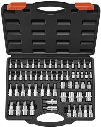 VEVOR Jeu de Douilles Torx et Torx Externes 60PCs, T6-T70, TT6-TT70, TP8-TP60, E4-E24, Entraînements 1/4, 3/8 et 1/2 po (6,35 mm, 9,5 mm, 12,7 mm), en Acier Allié S2 et Acier Cr-V, avec Coffret