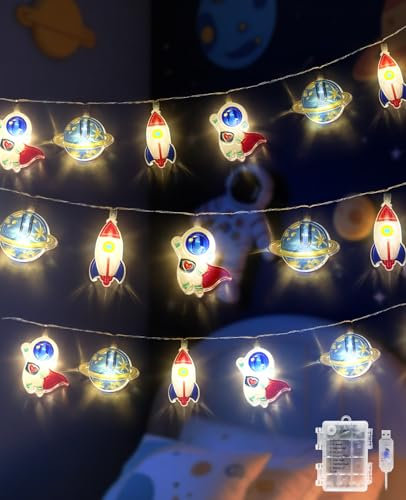 AceList 20 LED Rakete Lichterkette Kinderzimmer, 3M Warmweiß Lichterkette Kinder, USB/Batteriebetrieben, 8 Modi Astronaut Planeten Anhänger Lichterketten für Außen Innen Bett Party Deko, Geschenk